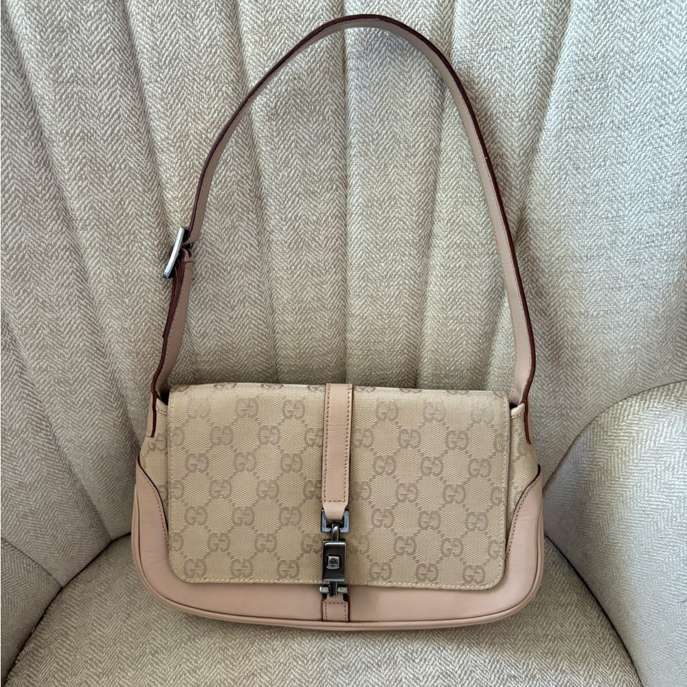 ❌ SOLD Vintage GUCCI Jackie Mini Flap Baguette GG Monogram Canvas Beige